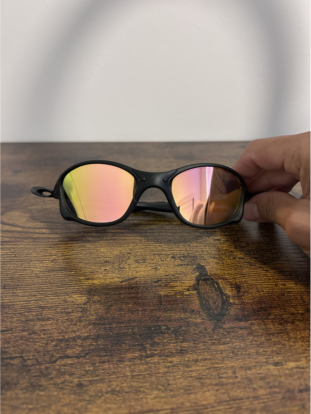 Black Oval Wrap Sunglasses with Pink Purple Mirrored Lenses